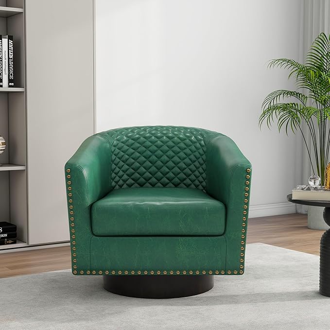 DREAMSIDEA Swivel Barrel Accent Chair, Comfy Modern Upholstered Round Faux Leather Arm Chair for Living Room, Bedroom（Green, Set of 2