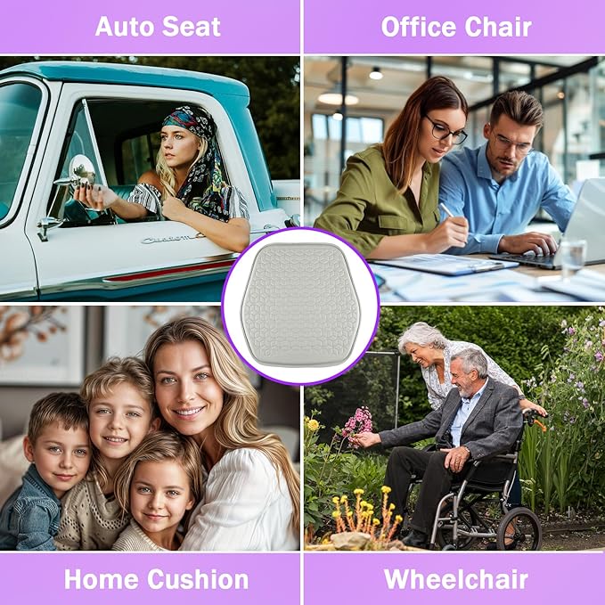 Binsheo Thin Gel Seat Cushion for Car Seat, Office Chair, Wheelchair, Golf Cart - Non-Slip Car Seat Cushions with 0.7 Inch Gel - Sciatica & Coccyx Pain Relief (Leather, Grey)