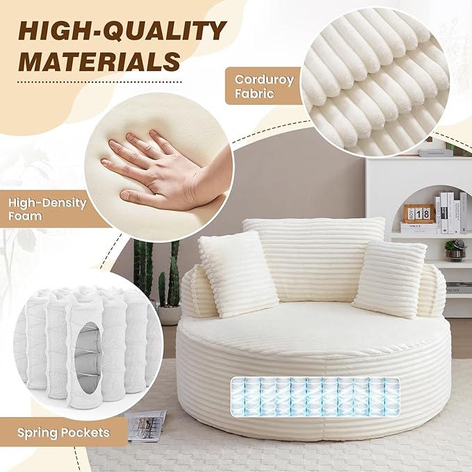 53"W Oversized Round Chaise Longue Chair Indoor,Corduroy Fluffy Comfy Cloud Chair,Circle Bean Bag Sofa with Foam Filling & Pillows,Boneless Reading Cozy Sofa Chairs for Living Room,Bedroom,White