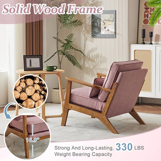 VINGLI Solid Wood Wide Armrests Accent Chair Set of 2,Upholstered Mid Century Modern Chair with Pillow,Farmhouse Arm Chair Comfy Chair,Chairs Living Room,Bedroom,Guest Room,Linen Fabric,Peachy Red
