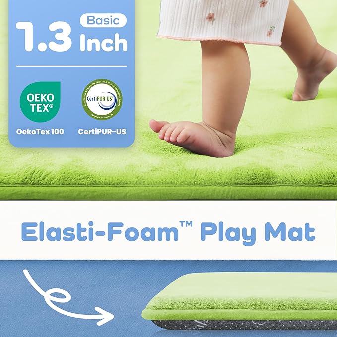PAPAMAT 1.3" Thick Baby Floor Play Mat 50x50, Basic Padded Foam Mat for Tummy Time Crawling, Non Slip Cushioned for Babies Toddlers Infants Kids (Light Green)