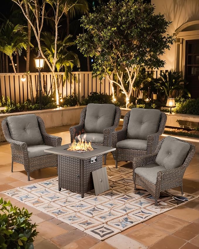 ACTREST Outdoor Patio Chairs with Fire Pit Table 5 Piece Set - High Back Brown Wicker Rattan Lawn Chair with Thick Cushion for Porch Apartment Deck Yard Poolside Garden - Grey