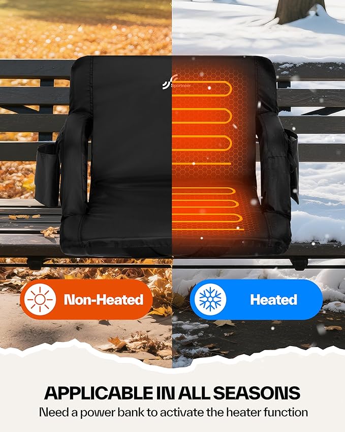 Sportneer Heated Stadium Seats for Bleachers: 3 Heated Modes 6 Reclining Positions Stadium Seats with Back Support for Sport Events Camping Parks Concerts