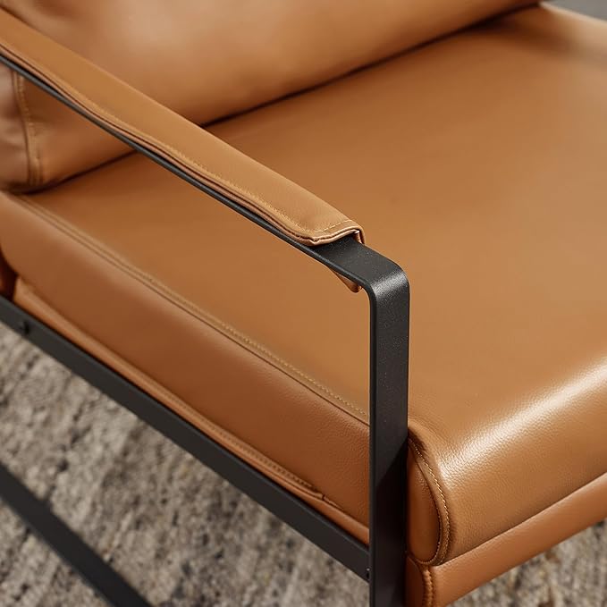 Zouron Genuine Leather Accent Chairs for Living Room, Set of 2, Mid Century Modern Chair with Black Metal Frame, Single Sofa Chair, Upholstered Lounge Reading Armchair, Brown