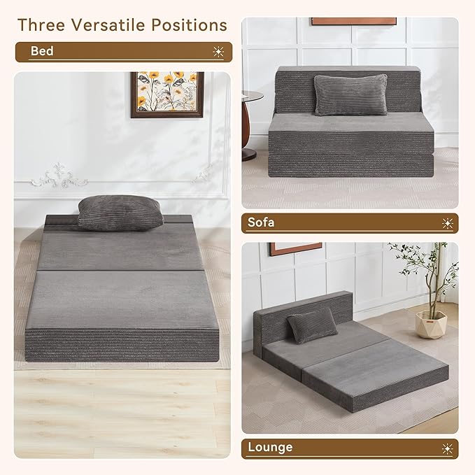 Folding Sofa Bed Convertible Floor Couch Foldable Chair Bed with Pillow，Linen Sleeper Chair Futon,Foldable Memory Foam Mattress for Bedroom/Living Room/Dorm/Office (Corduroy Grey, Standard)