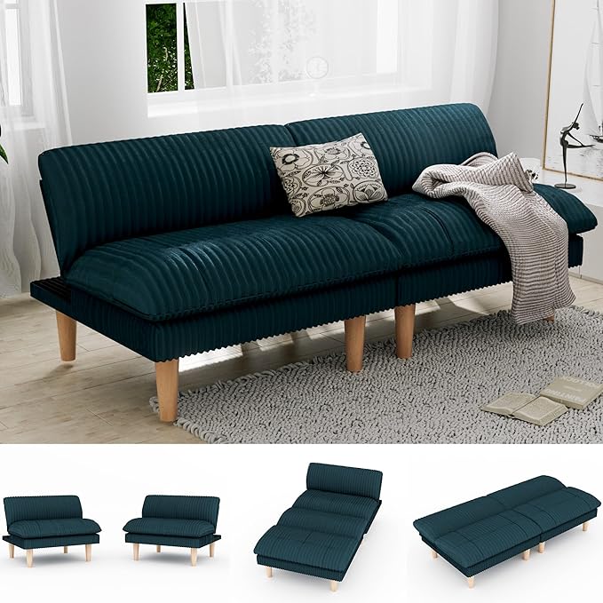 69" Futon Sofa Bed, 4 in 1 Multi-Function Couch Sleeper with Adjustable Backrest, Modern Convertible Futon, Recliner Small Loveseat for Living Room, Dorm, Plush Blue