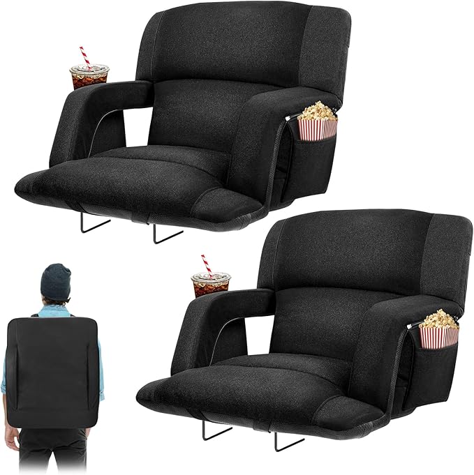 Extra Wide Bleacher Chairs with Back and Cushion Folding Stadium Chairs, Sofa Style Design ，6 Reclining Positions Waterproof Bleacher Seats (2, Black, Wide-26in)