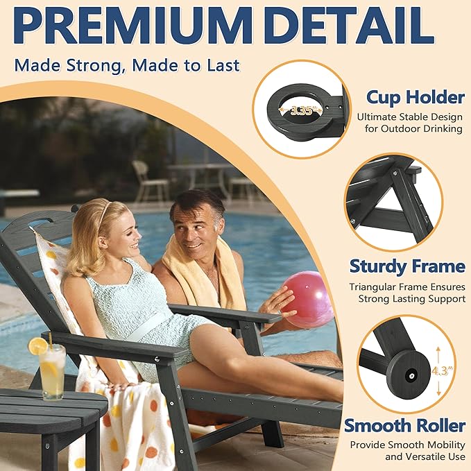 Patio Chaise Lounge Chair Set of 4, HDPE Outdoor Lounge Chairs with 5-Position Adjustable Backrest, Cup Holder and Wheels, 450lbs Capacity for Poolside Deck Backyard, All Weather Material(Gray)