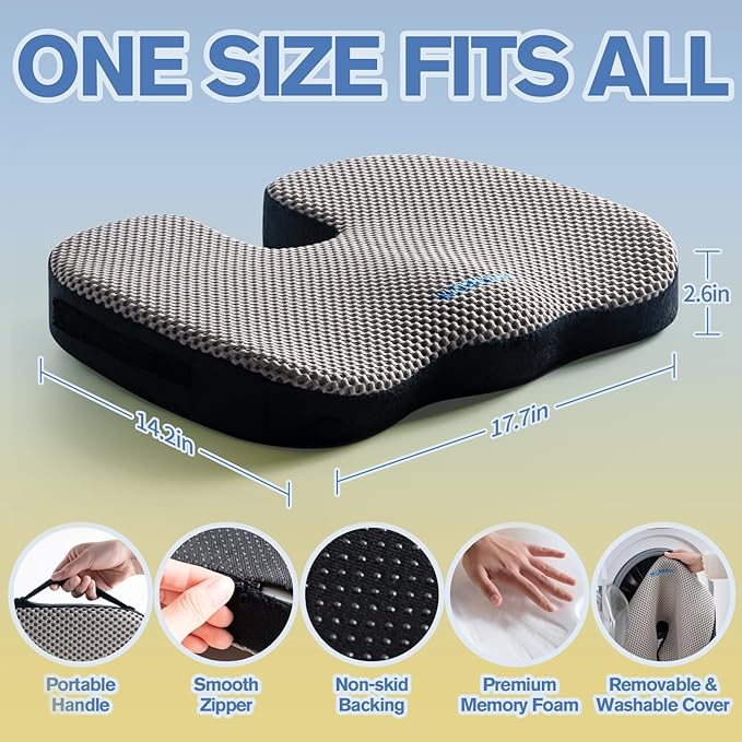Mureon Seat Cushion for Office Chairs, Large Memory Foam Cushion for Car, Pressure Relief Ergonomic Chair Cushion with Non-Slip Cover for Soft Support for Hip All Day Comfort - Grey
