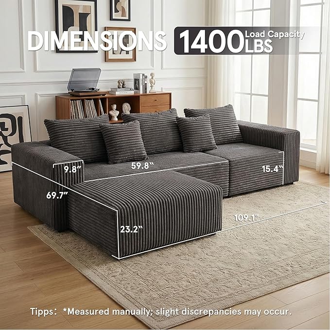 Sytopia 109" L-Shaped Cloud Couch, Boneless Modular Sectional Sofa with Deep Seat for Living Room Bedroom, Modern Floor Couch Corduroy, Comfy Sleeper Futon Sofa Bed 40D Foam Furniture, Left Facing