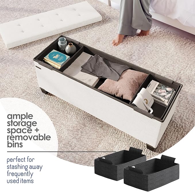 Storage Ottoman Bench with Bins, 43-in Storage Bench for Bedroom End of Bed, Folding Foot Rest Ottoman for Living Room Max 660lbs, Fabric Ottomans, Cream