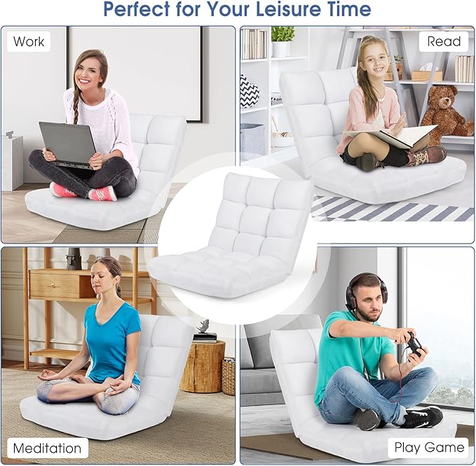 S AFSTAR Cushioned Floor Chair, 14-Position Adjustable Padded Lazy Recliner with Comfortable Back Support and Skin-Friendly Cover, Great for Reading, Playing Game, Meditating (White)