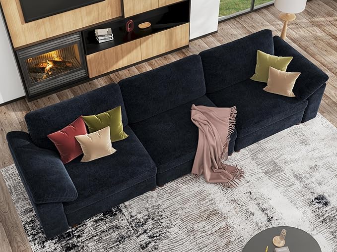 EASE MOOSE Modern 3 Seat Sectional Modular Sofa, FSC Certified Chenille Comfty Deep Seat Couch for Living Room,Solid Wood Frame Sofa,Blue