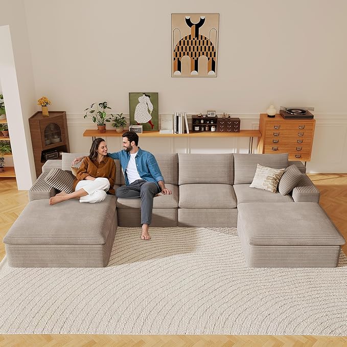 136" Cloud Sectional Couch with U-Shaped Chaise,Corduroy Viral Boneless Sofa with Ottoman,Memory Foam Couches in a Box with Deep Seat for Living Room,No Assembly Required (Camel,Left-Facing Chaise)