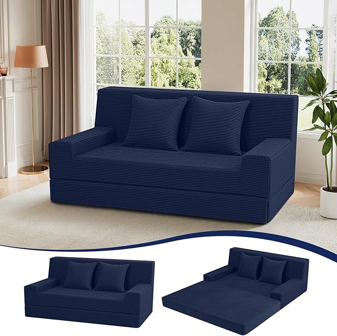 MeMoreCool Folding Sofa Bed Queen Corduroy Convertible Sleeper Chair – 2‑in‑1 Floor Sofa to Queen‑Size Bed | High‑Density Foam with Pillows | Removable Machine‑Washable Covers