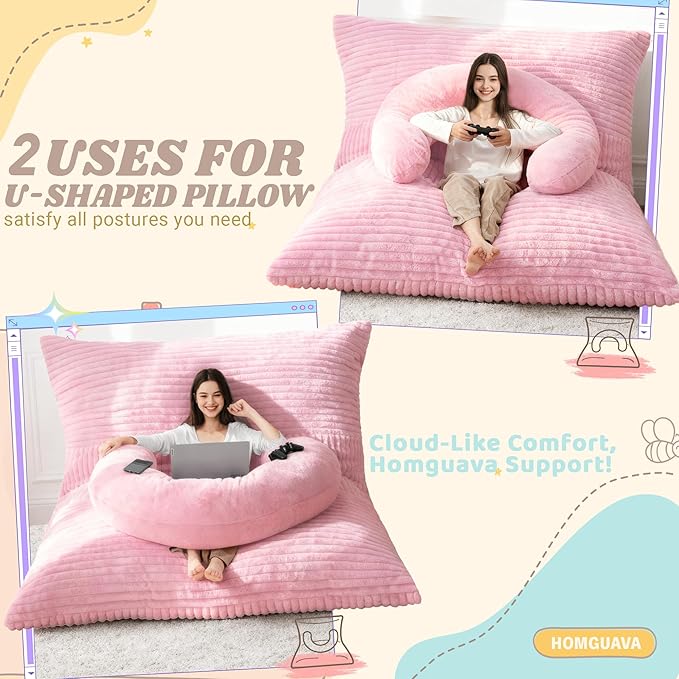 Homguava Giant Bean Bag Chair for Adults with Pillow, 4 in 1 Convertible Floor Cushion for Adluts, Memory Foamed Bean Bag Lounger with Washable Cover for Living Room, Bedroom