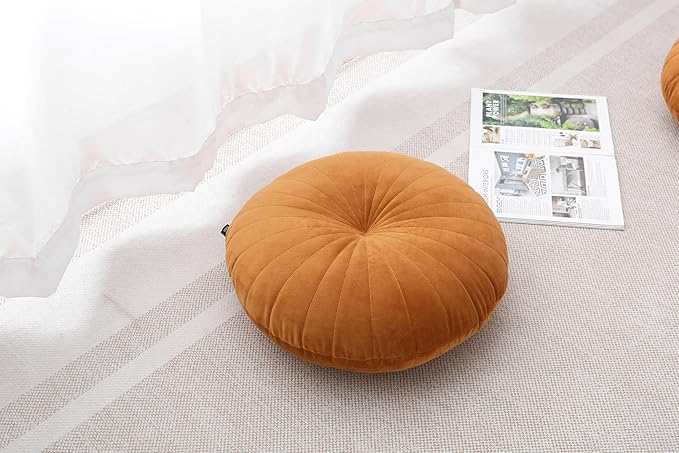 Floor Pillow Meditation Cushion Round Large Floor Pillows Seating for Adults, Velvet Thick Floor Cushions for Yoga Living Room Balcony Outdoor Tatami 18inch（Caramel）
