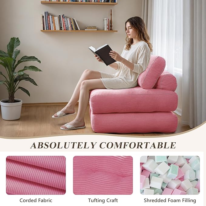 Folding Sofa Bed,Convertible Sleeper Chair for Adults, Folding Sofa Bed Foam Filling Couch with Pillow，Sleeper Chairs Single Size Floor Mattress,Pink