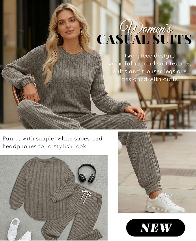 Sweetyweee Women's Ribbed Knit Lounge Sets 2 Piece Outfits Long Sleeve Pajamas Set Loungewear Sweatsuits Fall Pjs with Pocket