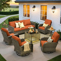 ovios 8 Pieces Patio Furniture Set, Outdoor Wicker Sofa Couch with Rocking Swivel Chairs Solar Lights Table, Modern Deep Seat Rattan Conversation Sets for Deck Porch, Orange Red
