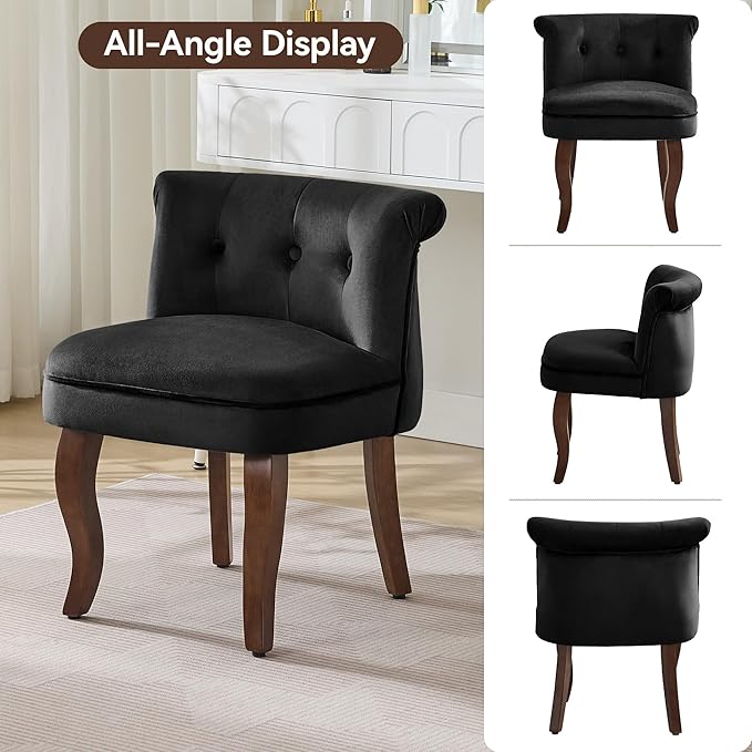 WUTUTUEE Velvet Vanity Chair with Solid Wood Legs, Tufted Upholstered Vanity Stool with Back, Mid Century Small Makeup Accent Chair for Bedroom, Living Room, Black