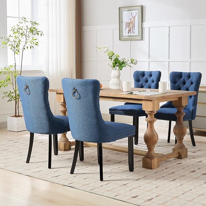 YeahFurn Blue Mid Century Modern Dining Chairs Set of 4, Linen Upholstered Kitchen & Dining Room Chairs with Nailhead Trim & Solid Wood Legs, Elegant Sillas De Comedor (Blue, 4 Pcs)