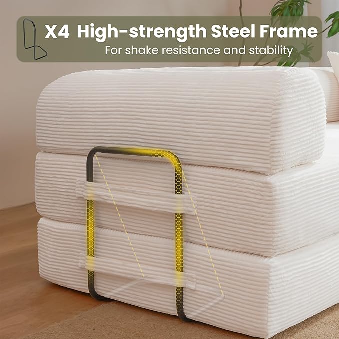 79" Convertible Sofa Bed, Boneless Corduroy Sleeper Foldable Modular Couch, Memory Foam Compressed Sofa in A Box, Folding Mattress Floor Couch for Small Space Living Room Apartment Bedroom, White