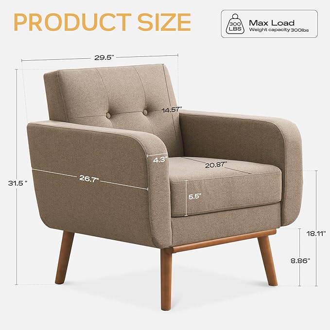 HUIMO Fabric Accent Chair, Mid Century Modern Chair, Button Tufted Living Room Chairs Easy to Install, Upholstered Comfy Sofa Chair for Bedroom Study Office Reading Corner (Brown)