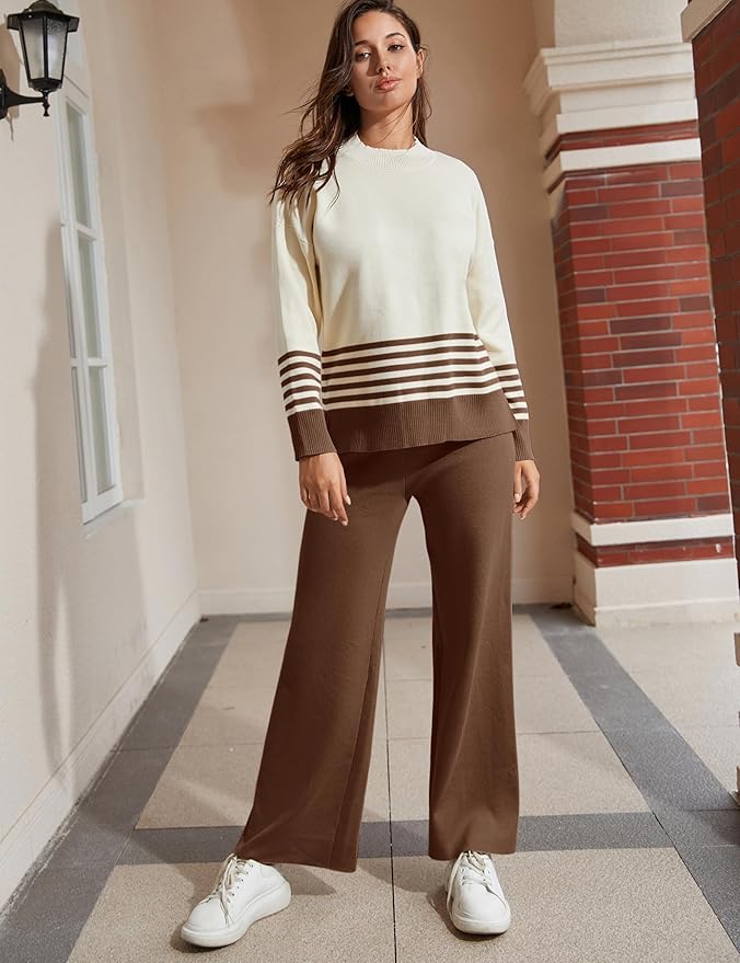 Tanming Women's Lounge Sets 2 Piece Outfits Knitted Pullover Sweater Tops Wide Leg Pants Tracksuit