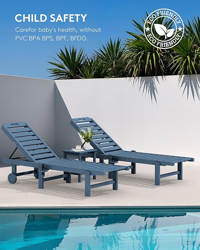 SERWALL Patio Chaise Lounge Set of 2, 78" Long Outdoor Lounger with Cup Holder and Rolling Wheels, HDPE Pool Chaise for Poolside, Deck, Sunbathing, Blue