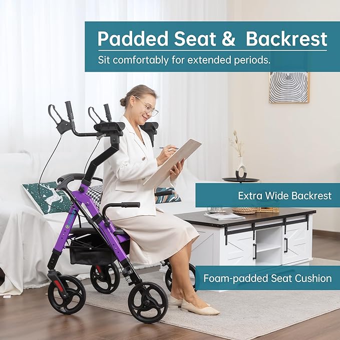 ELENKER Heavy Duty Upright Walker with Extra Wide Padded Seat and Backrest, Aluminum Bariatric Stand Up Rolling Walker, 10” Wheels, Fully Adjustment Frame, Support up to 500 lbs for Seniors, Purple
