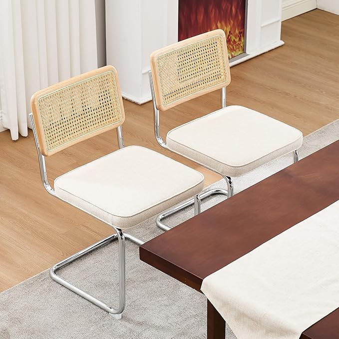 Zesthouse Natural Rattan Dining Chairs Set of 6, Mid Century Cane Dining Room Chairs with Solid Wood Back & Chrome Base for Kitchen, Breuer Design Inspired, Upholstered Linen Fabric, Beige