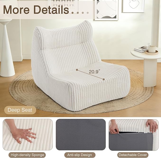 Big Bean Bag Chairs, Lazy Floor Sofa, Fireside Chair for Living Room, Bedroom, Office (White, Single Seat)