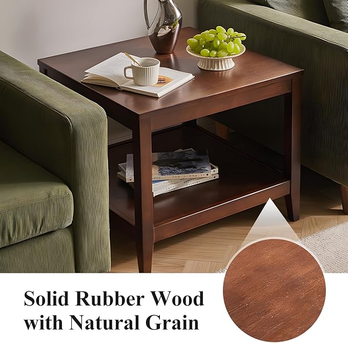 Cttasty Side Table, Solid Wood Square End Table with Storage Shelf, 2-Tier Coffee Table for Living Room, Rubber Wood Small Sofa Table, Nightstand 23.62 H x 23.62 W x 23.62 D Inches (Walnut)