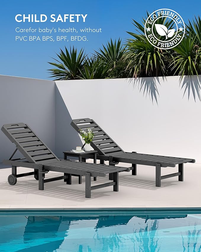 SERWALL Patio Chaise Lounge Chair, HDPE Outdoor Lounge Chair with Cup Holder, 5 Positions Adjustable Poly Lounger with Rolling Wheels for Poolside, Deck, Sunbathing, Grey