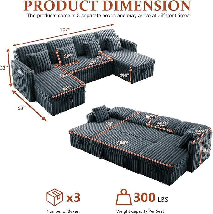 107" Sectional Sleeper Sofa with Pull Out Bed, Comfy Fluffy Plush Corduroy Cloud Sectional Couches for Living Room, U Shaped Modular Couch with Storage Chaise Cup Holder & USB Charger Dark Grey