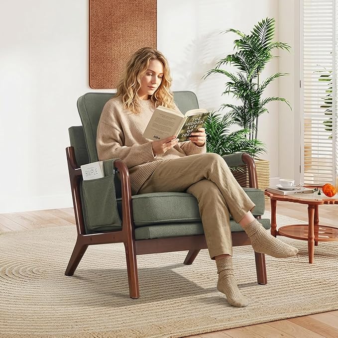 CANMOV Mid Century Modern Accent Chair with Extra Side Storage Pocket Upholstered Reading Armchair with Waist Cushion, Accent Chair for Living Room Bedroom, Easy Assembly, Green