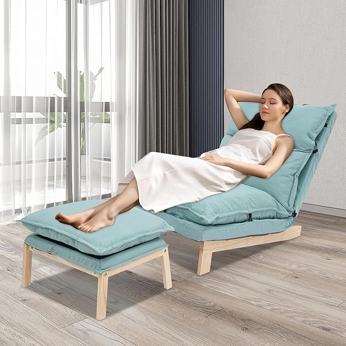 Single Lazy Leisure Chair, Adjustable Recliner Balcony Reclining Japanese Tatami Chair with Ottoman, Floor Seating Lounge Chair with Backrest and Footrest, Upholstered Chair for Living Bedroom (Green)