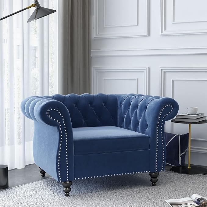QHITTY Accent Chair, Chesterfield Modern Velvet Upholstered Chair with Tufted Back for Living Room Furniture (Blue)
