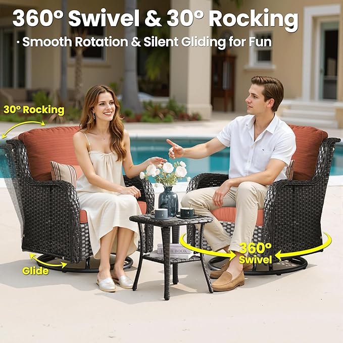 ovios 5 Pieces Patio Furniture Set, Outdoor Wicker Sofa Couch with Swivel Chairs 42" Fire Pit Table, High Back Modern All Weather Conversation Sets, Brown Rattan, Orange Red