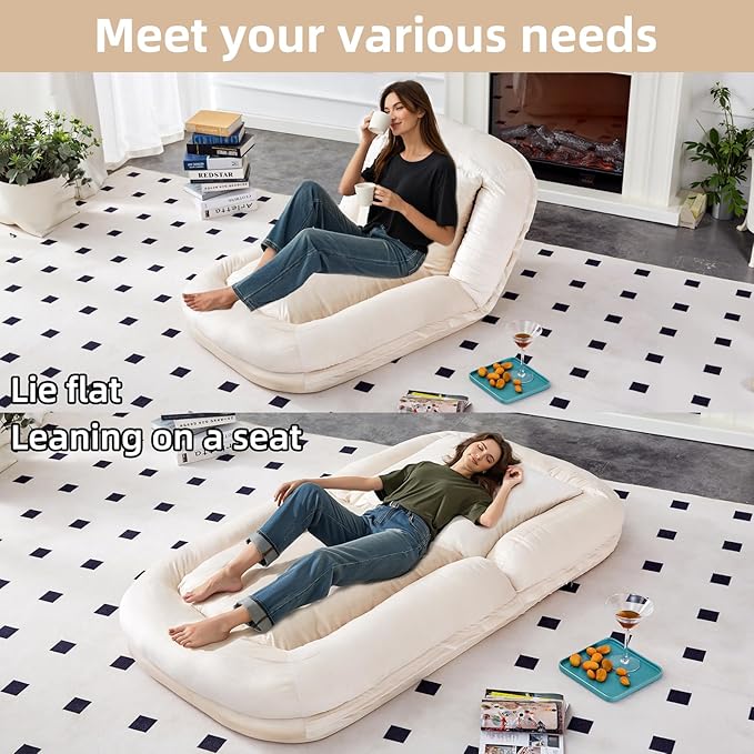 Chic Beige Folding Sofa Chair - 5 Adjustable Positions! Experience The Plush Comfort of This Floor Lounge Chair for Gaming, Meditation, and Relaxation! Get Yours Today!