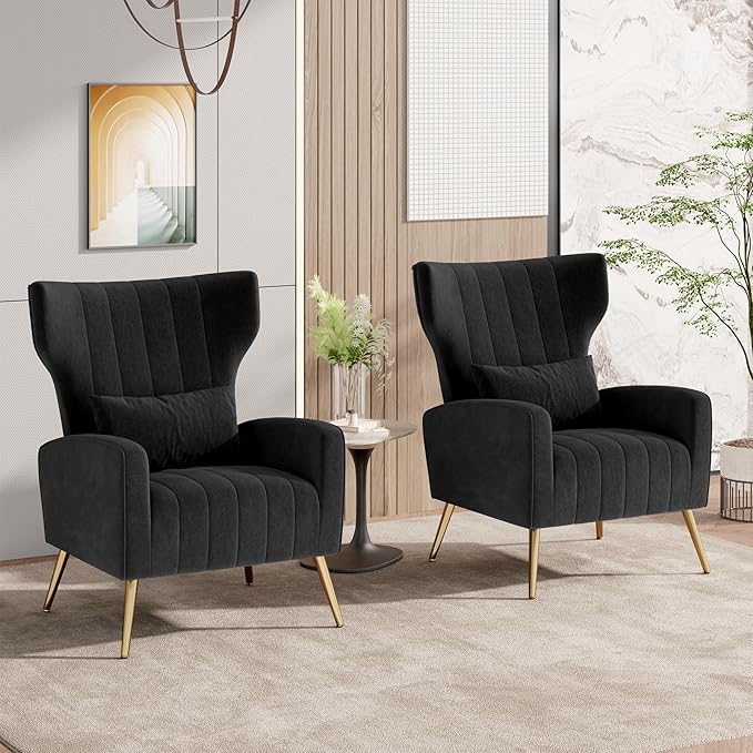 Nalupatio Modern Accent Chairs for Set of 2 Upholstered Velvet Fabric Reading Chair Mid Century Arm Chair Comfy Armchair for Living Room,Black