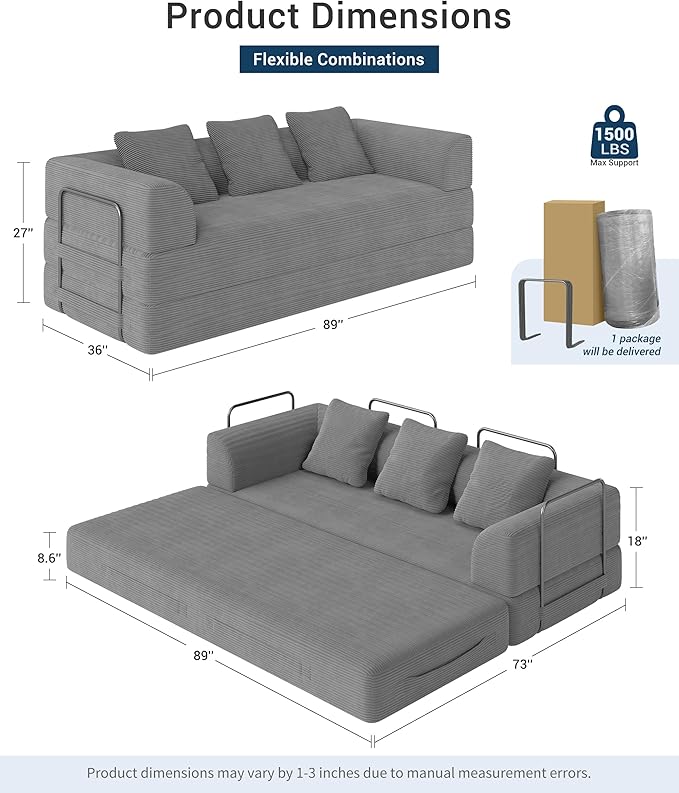 Cloud Boneless Convertible Sleeper Sofa Bed for Living Room 89" 4-in-1 Foldable Compressed Lounge 3 Seater Floor Couches High-Density Sponge & Corduroy Fabric Multi-Form Pull Out Futon Daybed(Gray)