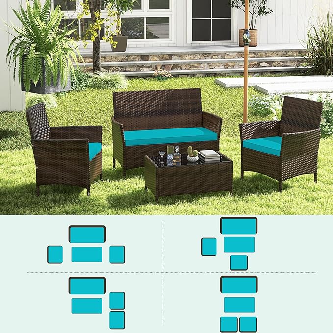 RELAX4LIFE 4-Piece Patio Furniture Set - Rattan Outdoor Conversation Bistro Set w/Cushions, Glass Coffee Table, Wicker Chairs & Loveseat for Garden Backyard Porch, Balcony Furniture Set (1, Turquoise)