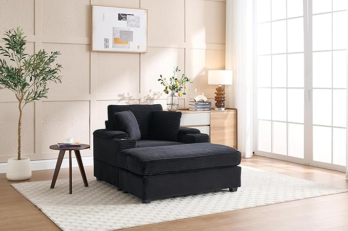 Wide Stripe Corduroy Chaise Lounge Sofa with Storage Handrail, Movable Ottoman, and Deep Seat, 5 Colors, Ideal for Living Room or Office Use