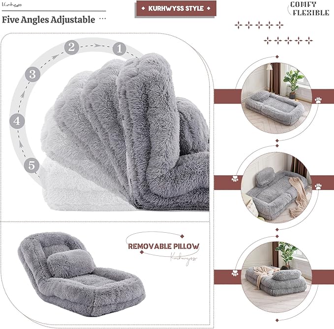 Upholstered Human Dog Bed for Adult & Pets, Convertible Lazy Sofa Bed with 5 Adjustable Position, Comfy Tatami Bean Bag Lounge Chair with 2 Soft Pillows for Bedroom Living Room (Light Gray Fluffy)