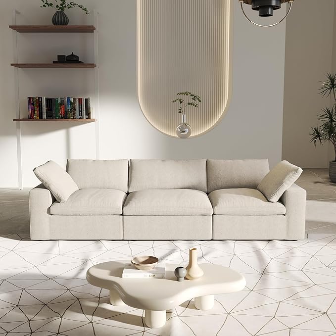 3 Seater Cloud Sectional Couch, Khaki Modular Sectional Sofa, Modern Comfy Sofa, Covers Removable, Convertible Sleeper Couch for Living Room Apartment (Linen Fabric)