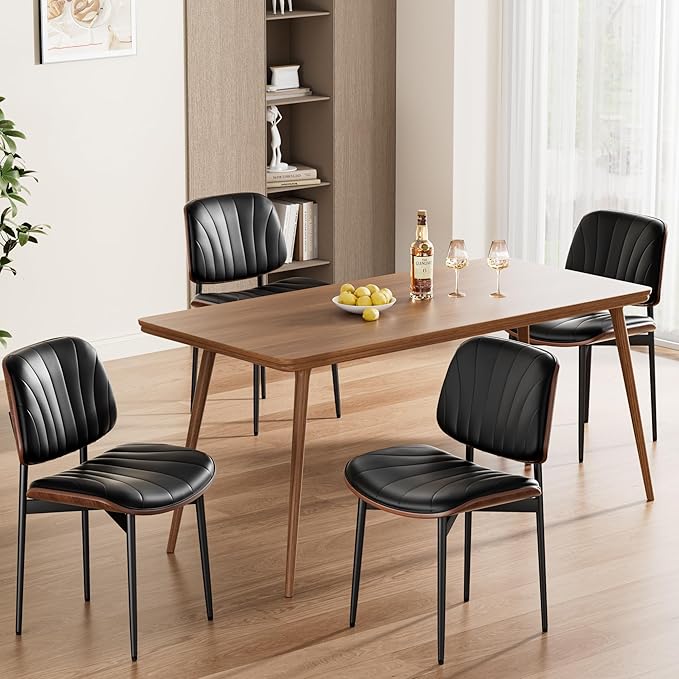 Dining Chairs Set of 8, Mid-Century Modern Upholstered PU Leather Chairs with Walnut Bentwood Back and Metal Legs Adjustable Feet for Kitchen Dining Room, Black Shell Strips