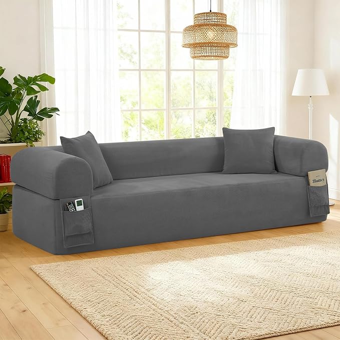 GJQ 3 Seater Couch, Corduroy Boneless Couches for Living Room,Compressed Cloud Sofa in a Box with 2 Pillows & Storage Bag,Memory Foam Floor Sofa with Armrests,No Assembly Required,Gray