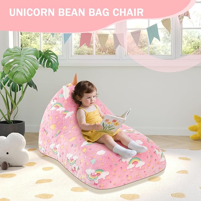 COMAX Bean Bag Chairs for Kids, Kid Beanbag Chair with Filler, Toddler Lounge Bean Chair, Children Lazy Floor Lounger for Girls Boys, Colorful Unicorn